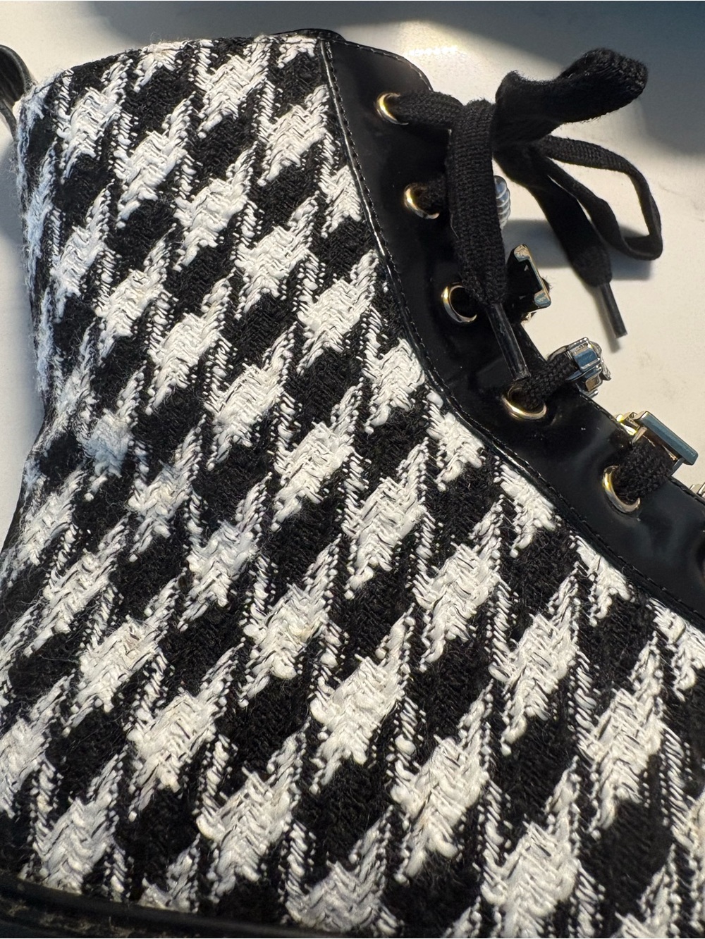 Karl Lagerfeld Black and White Houndstooth Leather Combat Booties - Picture 6 of 9